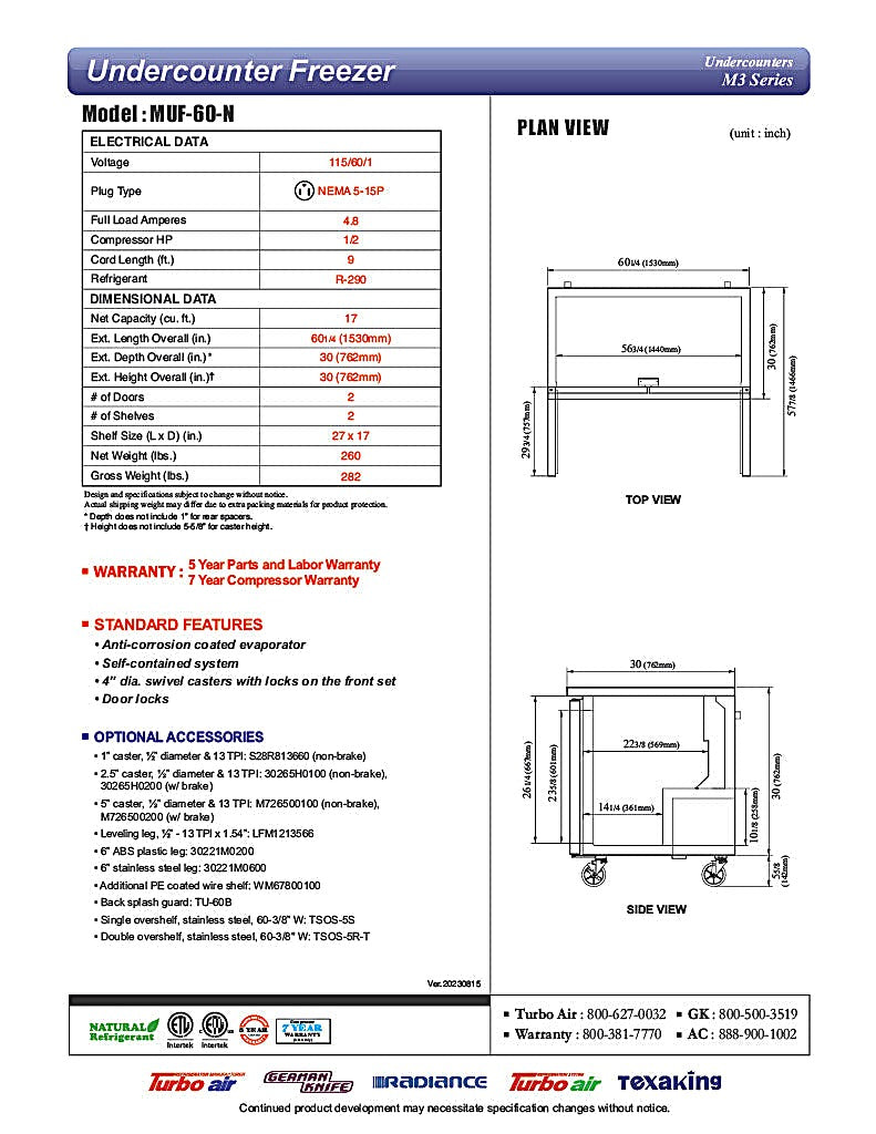 Turbo Air MUF-60-N 60 1/4" W Undercounter Freezer w/ 2 Sections & Solid Doors - Donut-Equipment.com