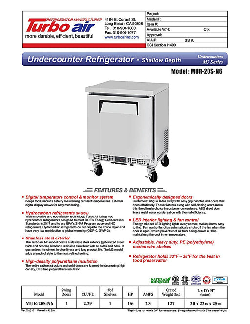 Turbo Air M3 MUR-20S-N6 20" Shallow Depth Low Profile Undercounter Refrigerator with 1 Solid Door - Donut-Equipment.com