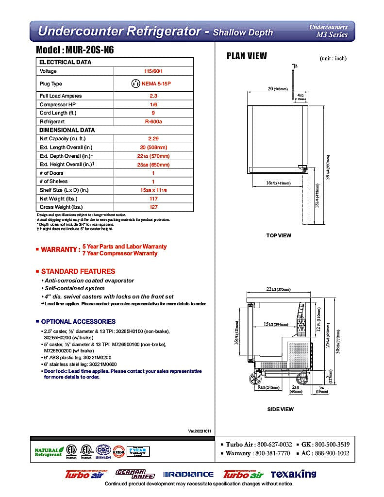 Turbo Air M3 MUR-20S-N6 20" Shallow Depth Low Profile Undercounter Refrigerator with 1 Solid Door - Donut-Equipment.com