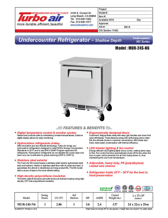 Turbo Air MUR-24S-N6 M3 Series 24" Shallow Depth Undercounter Refrigerator w/ 1 Section & Solid Door - Bakery Wholesalers