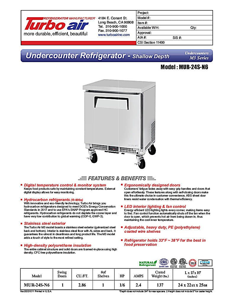 Turbo Air MUR-24S-N6 M3 Series 24" Shallow Depth Undercounter Refrigerator w/ 1 Section & Solid Door - Donut-Equipment.com