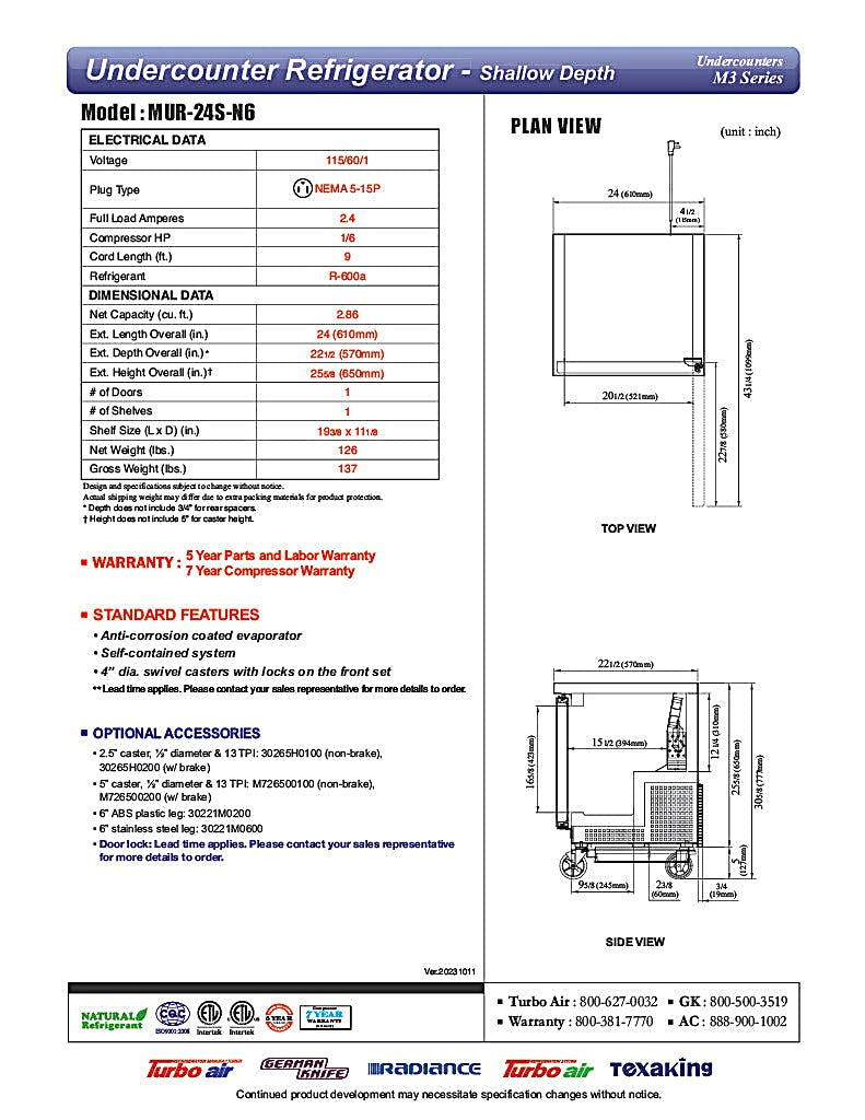 Turbo Air MUR-24S-N6 M3 Series 24" Shallow Depth Undercounter Refrigerator w/ 1 Section & Solid Door - Donut-Equipment.com