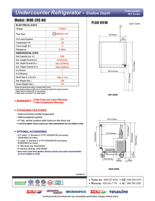 Turbo Air MUR-24S-N6 M3 Series 24" Shallow Depth Undercounter Refrigerator w/ 1 Section & Solid Door - Bakery Wholesalers