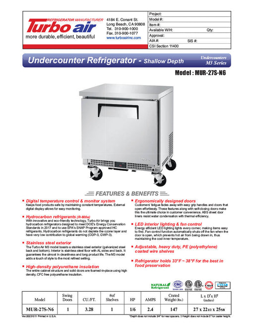 Turbo Air MUR-27S-N6 M3 Series 27" Shallow Depth Undercounter Refrigerator w/ 1 Section & Solid Door - Bakery Wholesalers