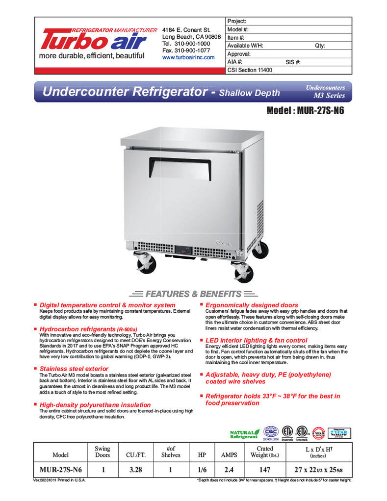 Turbo Air MUR-27S-N6 M3 Series 27" Shallow Depth Undercounter ...