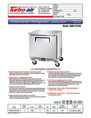 Turbo Air MUR-27S-N6 M3 Series 27" Shallow Depth Undercounter Refrigerator w/ 1 Section & Solid Door - Donut-Equipment.com