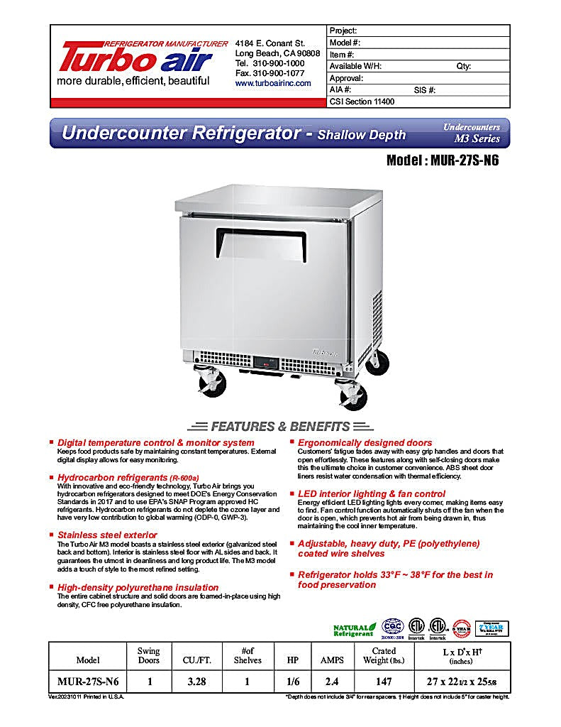 Turbo Air MUR-27S-N6 M3 Series 27" Shallow Depth Undercounter Refrigerator w/ 1 Section & Solid Door - Donut-Equipment.com