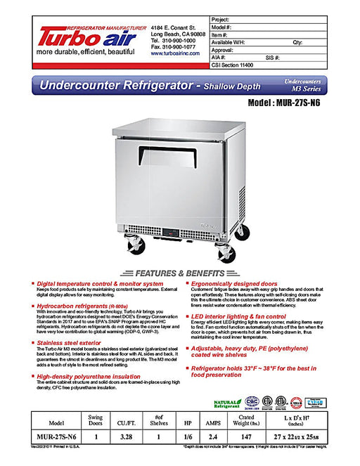 Turbo Air MUR-27S-N6 M3 Series 27" Shallow Depth Undercounter Refrigerator w/ 1 Section & Solid Door - Donut-Equipment.com