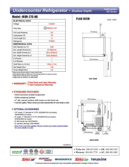 Turbo Air MUR-27S-N6 M3 Series 27" Shallow Depth Undercounter Refrigerator w/ 1 Section & Solid Door - Bakery Wholesalers