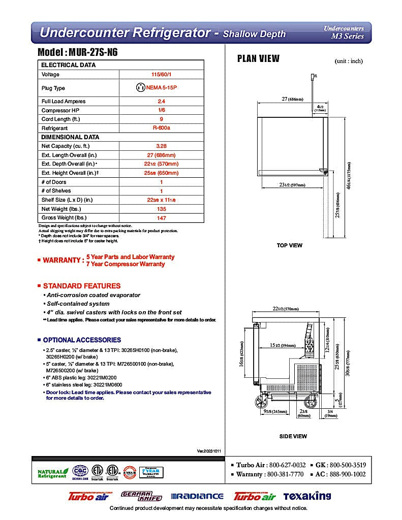 Turbo Air MUR-27S-N6 M3 Series 27" Shallow Depth Undercounter Refrigerator w/ 1 Section & Solid Door - Donut-Equipment.com