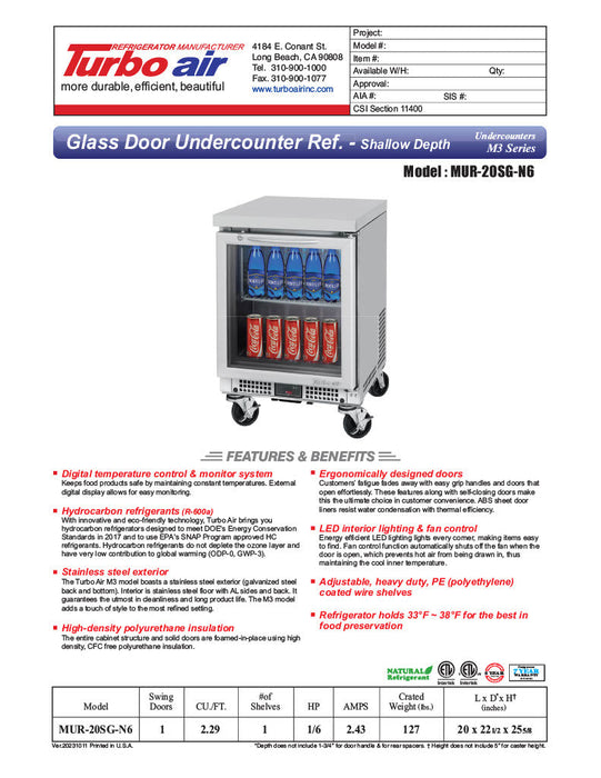 Turbo Air MUR-20SG-N6 M3 Series 20" Shallow Depth Undercounter Refrigerator w/ 1 Section & 1 Glass Door - Bakery Wholesalers