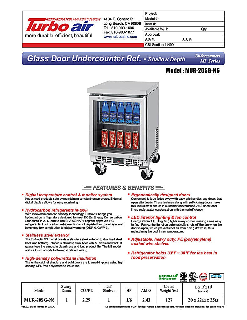 Turbo Air MUR-20SG-N6 M3 Series 20" Shallow Depth Undercounter Refrigerator w/ 1 Section & 1 Glass Door - Donut-Equipment.com