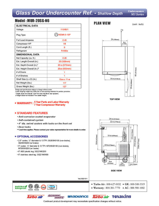 Turbo Air MUR-20SG-N6 M3 Series 20" Shallow Depth Undercounter Refrigerator w/ 1 Section & 1 Glass Door - Bakery Wholesalers