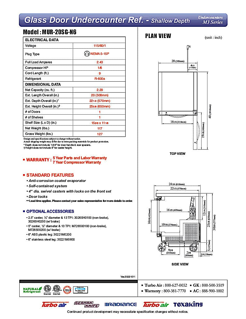 Turbo Air MUR-20SG-N6 M3 Series 20" Shallow Depth Undercounter Refrigerator w/ 1 Section & 1 Glass Door - Donut-Equipment.com
