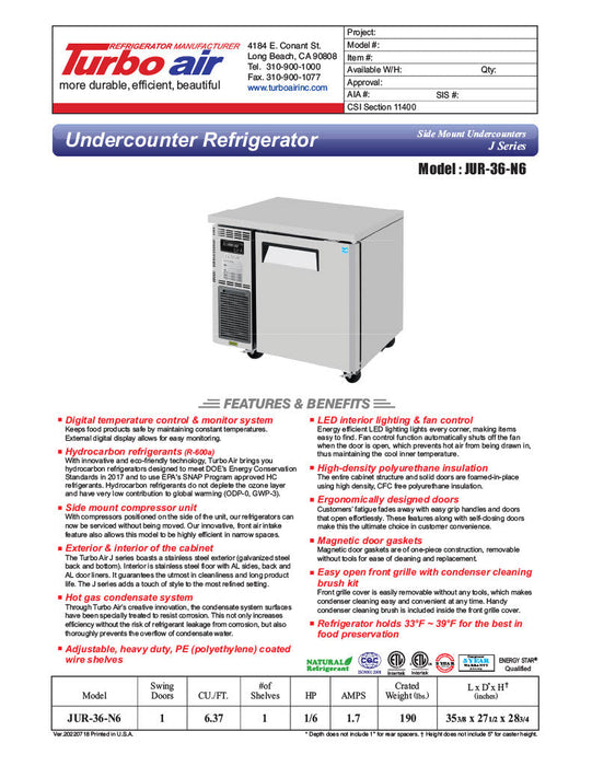 Turbo Air JUR-36-N6 J Series 36" Solid Door Undercounter Refrigerator w/ Side Mounted Compressor - Bakery Wholesalers