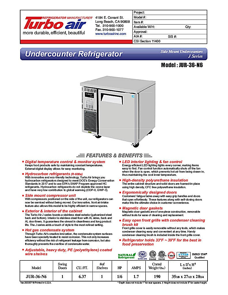 Turbo Air JUR-36-N6 J Series 36" Solid Door Undercounter Refrigerator w/ Side Mounted Compressor - Donut-Equipment.com