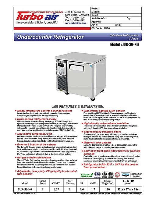 Turbo Air JUR-36-N6 J Series 36" Solid Door Undercounter Refrigerator w/ Side Mounted Compressor - Donut-Equipment.com