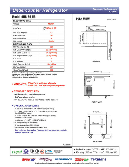 Turbo Air JUR-36-N6 J Series 36" Solid Door Undercounter Refrigerator w/ Side Mounted Compressor - Bakery Wholesalers