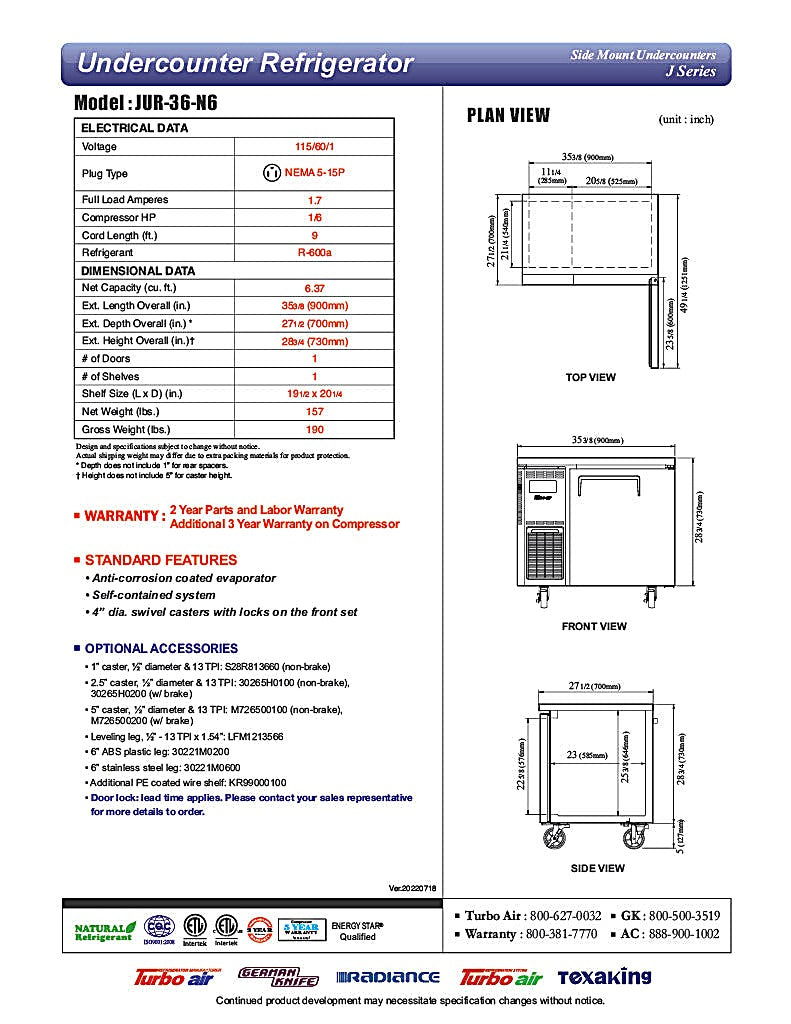Turbo Air JUR-36-N6 J Series 36" Solid Door Undercounter Refrigerator w/ Side Mounted Compressor - Donut-Equipment.com