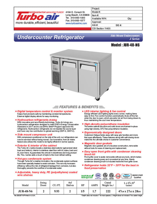 Turbo Air JUR-48-N6 J Series 48" Undercounter Refrigerator w/ 2 Solid Doors & Side Mounted Compressor - Bakery Wholesalers