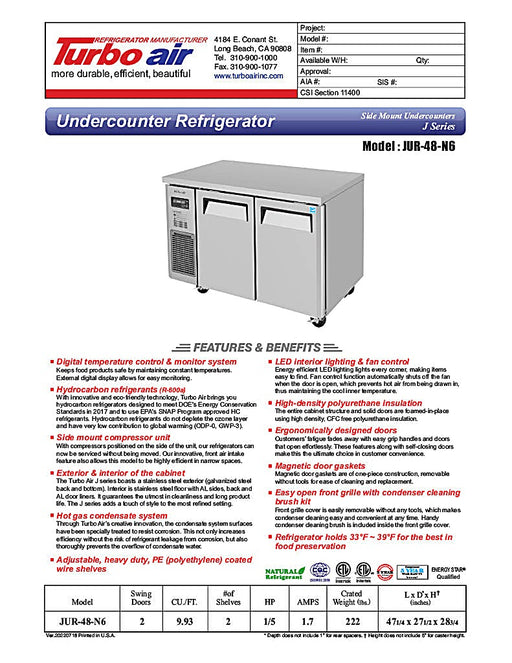 Turbo Air JUR-48-N6 J Series 48" Undercounter Refrigerator w/ 2 Solid Doors & Side Mounted Compressor - Donut-Equipment.com