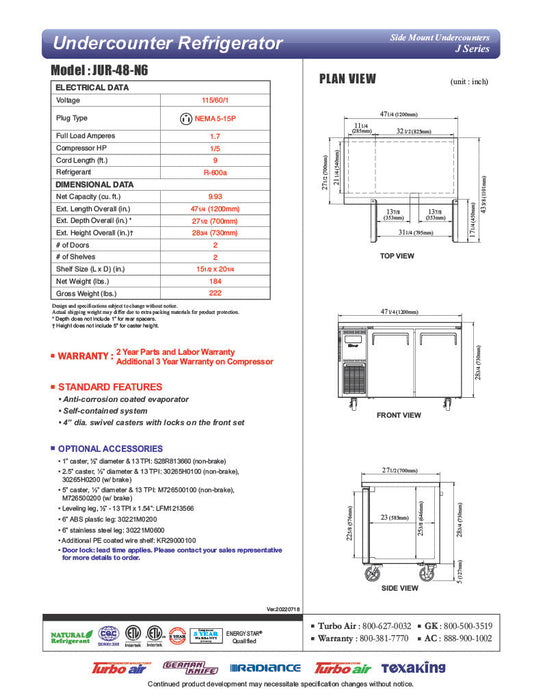Turbo Air JUR-48-N6 J Series 48" Undercounter Refrigerator w/ 2 Solid Doors & Side Mounted Compressor - Bakery Wholesalers