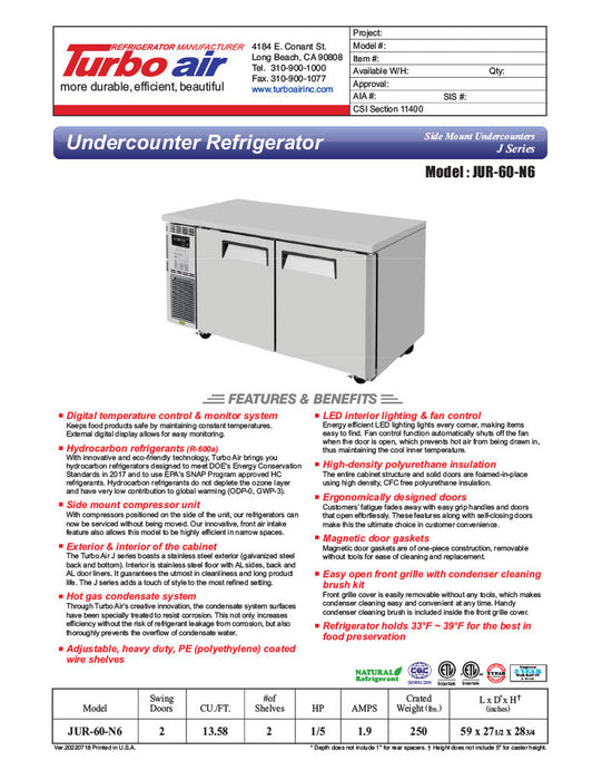 Turbo Air JUR-60-N6 J Series 60" Solid Door Undercounter Refrigerator w/ 2 Sections & Side Mounted Compressor - Bakery Wholesalers