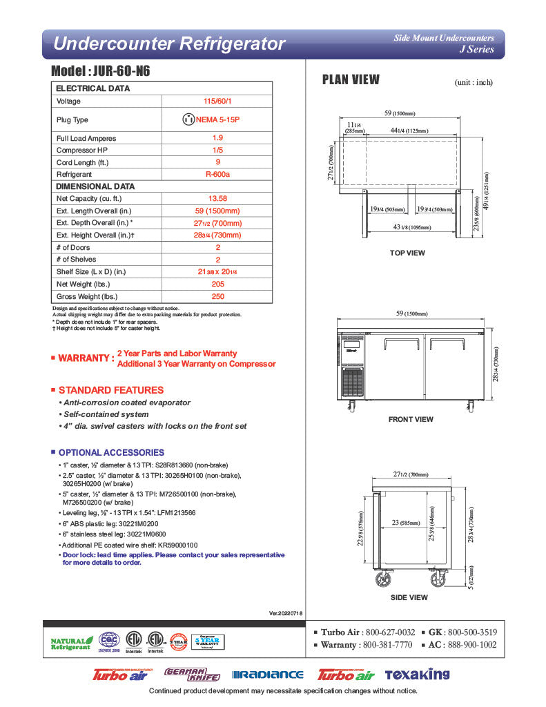 Turbo Air JUR-60-N6 J Series 60" Solid Door Undercounter Refrigerator w/ 2 Sections & Side Mounted Compressor - Donut-Equipment.com