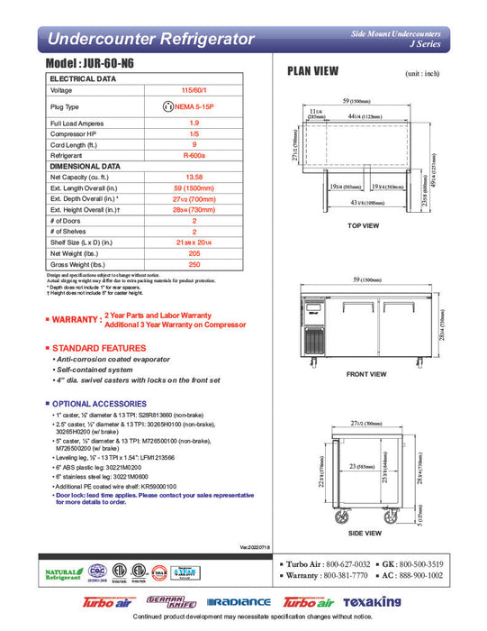 Turbo Air JUR-60-N6 J Series 60" Solid Door Undercounter Refrigerator w/ 2 Sections & Side Mounted Compressor - Bakery Wholesalers
