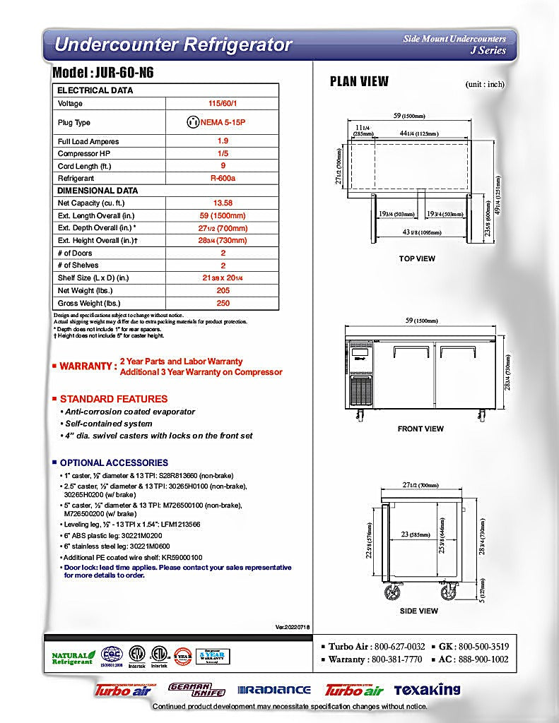 Turbo Air JUR-60-N6 J Series 60" Solid Door Undercounter Refrigerator w/ 2 Sections & Side Mounted Compressor - Donut-Equipment.com