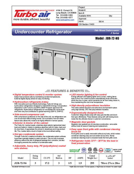 Turbo Air JUR-72-N6 J Series 72"/ 3 Solid Door Undercounter Refrigerator w/ 3 Sections & Side Mounted Compressor - Bakery Wholesalers