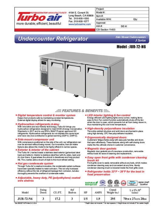 Turbo Air JUR-72-N6 J Series 72"/ 3 Solid Door Undercounter Refrigerator w/ 3 Sections & Side Mounted Compressor - Bakery Wholesalers