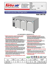Turbo Air JUR-72-N6 J Series 72"/ 3 Solid Door Undercounter Refrigerator w/ 3 Sections & Side Mounted Compressor - Donut-Equipment.com