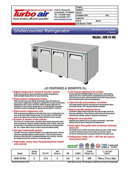Turbo Air JUR-72-N6 J Series 72"/ 3 Solid Door Undercounter Refrigerator w/ 3 Sections & Side Mounted Compressor - Donut-Equipment.com