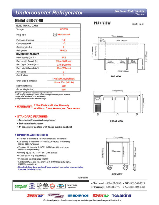 Turbo Air JUR-72-N6 J Series 72"/ 3 Solid Door Undercounter Refrigerator w/ 3 Sections & Side Mounted Compressor - Bakery Wholesalers