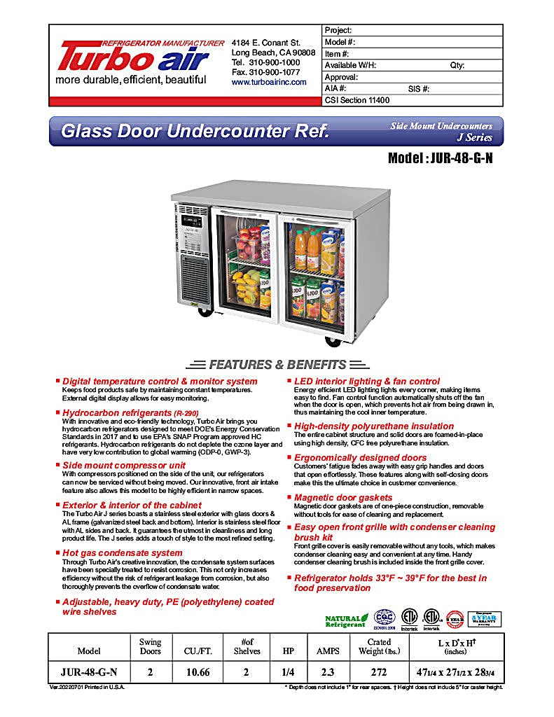 Turbo Air JUR-48-G-N J Series 48" Glass Door Undercounter Refrigerator w/ 2 Sections & Side Mounted Compressor - Donut-Equipment.com