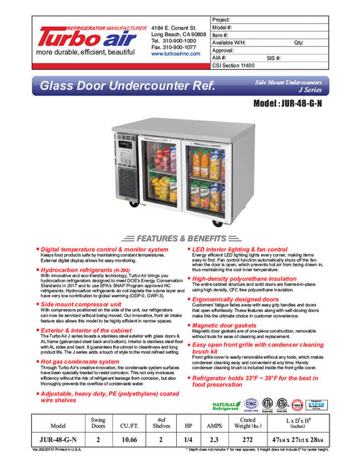 Turbo Air JUR-48-G-N J Series 48" Glass Door Undercounter Refrigerator w/ 2 Sections & Side Mounted Compressor - Bakery Wholesalers