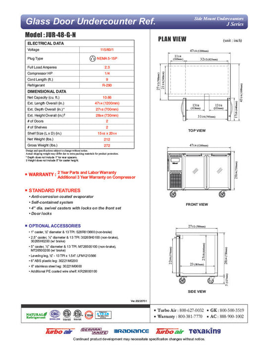 Turbo Air JUR-48-G-N J Series 48" Glass Door Undercounter Refrigerator w/ 2 Sections & Side Mounted Compressor - Bakery Wholesalers