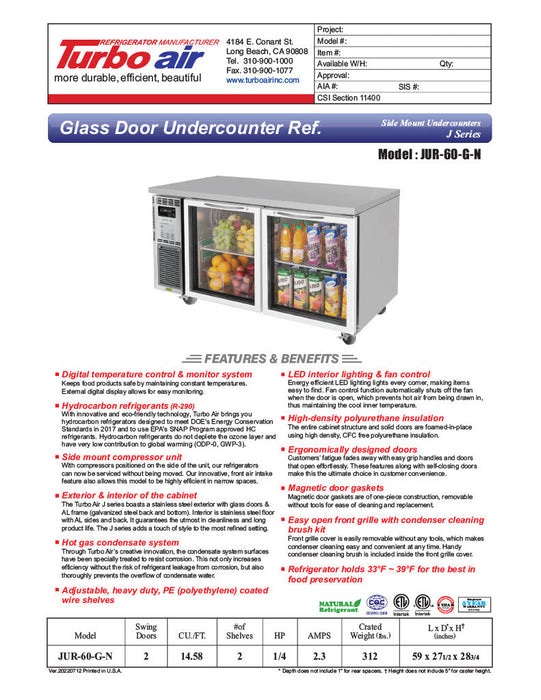 Turbo Air JUR-60-G-N J Series 60" Glass Door Undercounter Refrigerator w/ 2 Sections & Side Mounted Compressor - Bakery Wholesalers