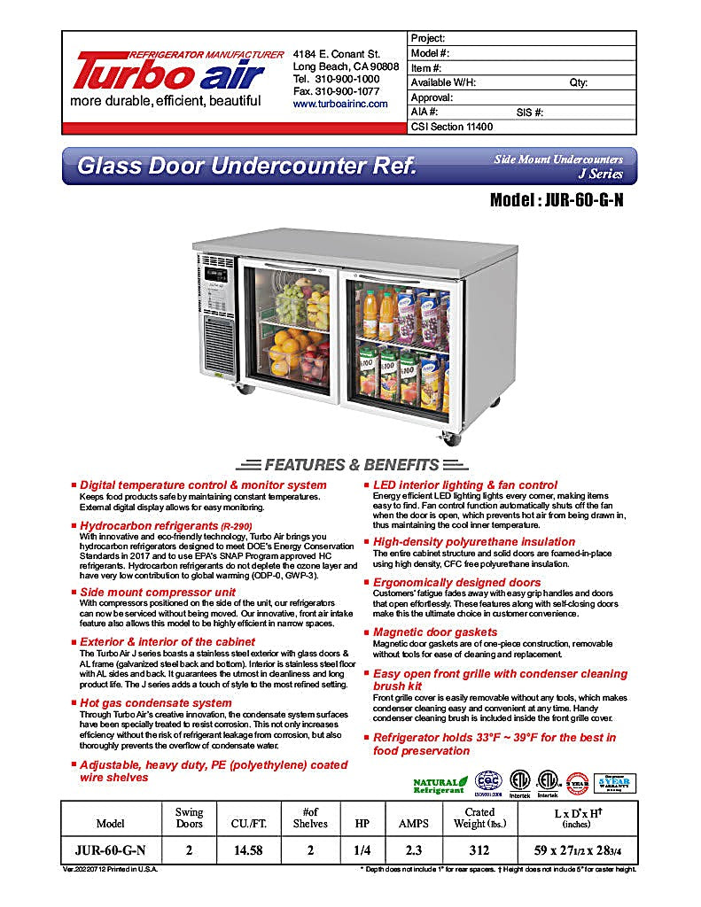 Turbo Air JUR-60-G-N J Series 60" Glass Door Undercounter Refrigerator w/ 2 Sections & Side Mounted Compressor - Donut-Equipment.com