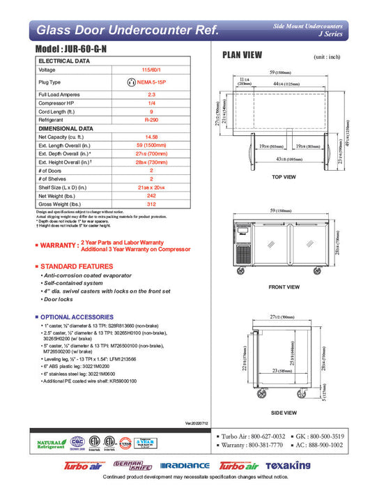 Turbo Air JUR-60-G-N J Series 60" Glass Door Undercounter Refrigerator w/ 2 Sections & Side Mounted Compressor - Bakery Wholesalers