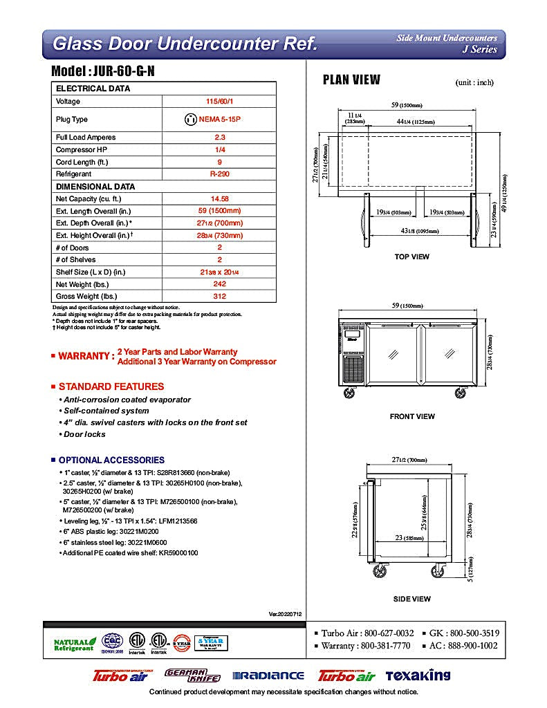 Turbo Air JUR-60-G-N J Series 60" Glass Door Undercounter Refrigerator w/ 2 Sections & Side Mounted Compressor - Donut-Equipment.com