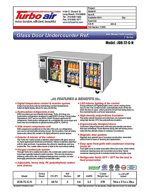 Turbo Air JUR-72-G-N J Series 72" Glass Door Undercounter Refrigerator w/ 3 Sections & Side Mounted Compressor - Donut-Equipment.com