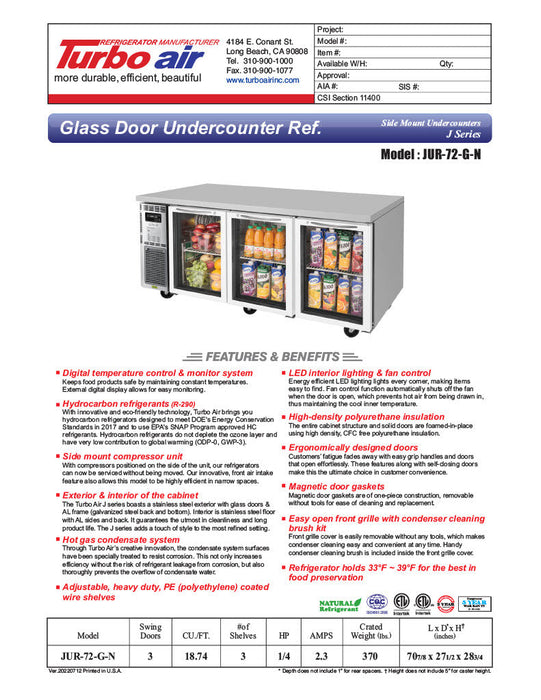 Turbo Air JUR-72-G-N J Series 72" Glass Door Undercounter Refrigerator w/ 3 Sections & Side Mounted Compressor - Bakery Wholesalers