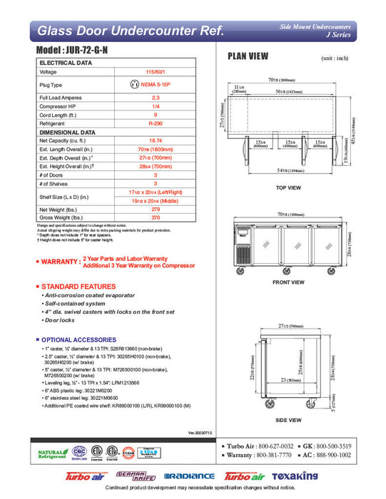 Turbo Air JUR-72-G-N J Series 72" Glass Door Undercounter Refrigerator w/ 3 Sections & Side Mounted Compressor - Bakery Wholesalers