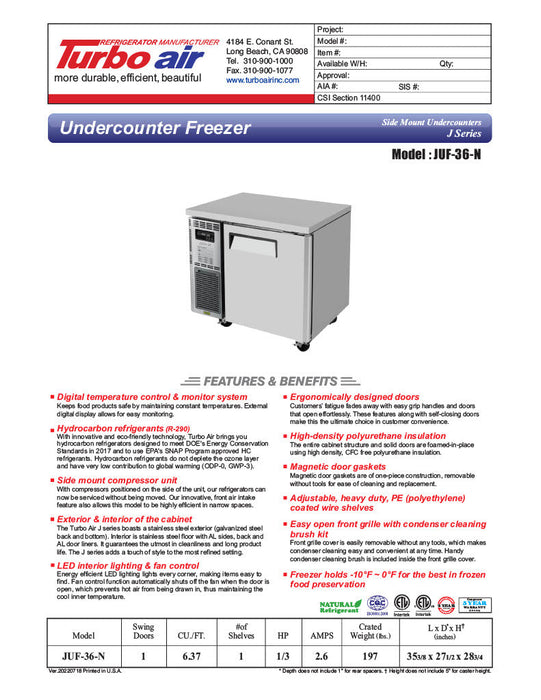 Turbo Air JUF-36-N J Series 36" Solid Door Undercounter Freezer w/ 1 Section & Side Mounted Compressor - Bakery Wholesalers