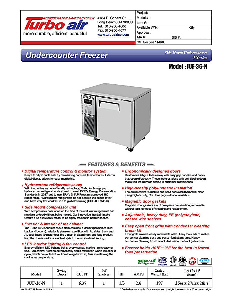 Turbo Air JUF-36-N J Series 36" Solid Door Undercounter Freezer w/ 1 Section & Side Mounted Compressor - Donut-Equipment.com