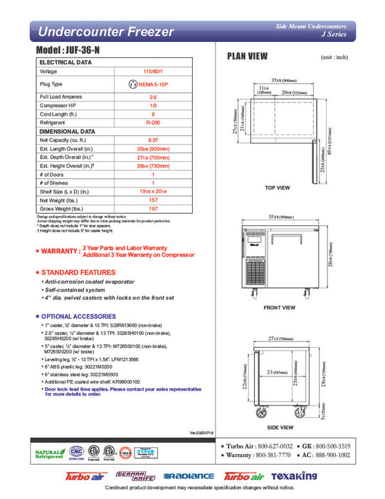 Turbo Air JUF-36-N J Series 36" Solid Door Undercounter Freezer w/ 1 Section & Side Mounted Compressor - Bakery Wholesalers