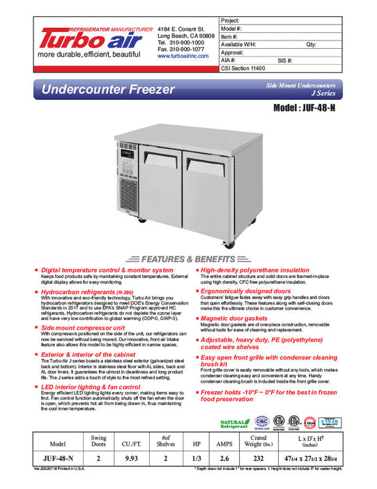 Turbo Air JUF-48-N J Series 48" Solid Door Undercounter Freezer w/ 2 Sections & Side Mounted Compressor - Bakery Wholesalers