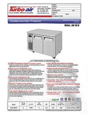 Turbo Air JUF-48-N J Series 48" Solid Door Undercounter Freezer w/ 2 Sections & Side Mounted Compressor - Donut-Equipment.com